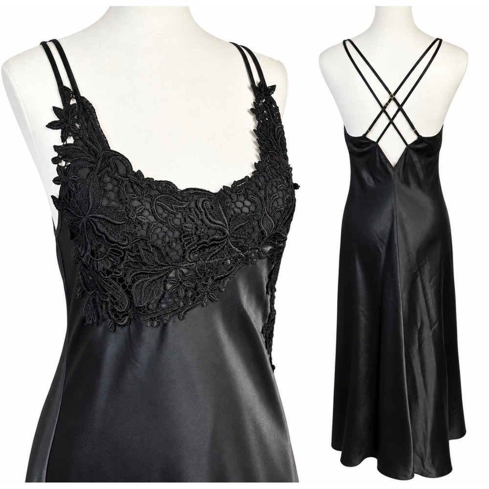 Flora Black Satin Nightgown Slip Dress S Long Maxi Lace High Slit Lingerie Y2K
